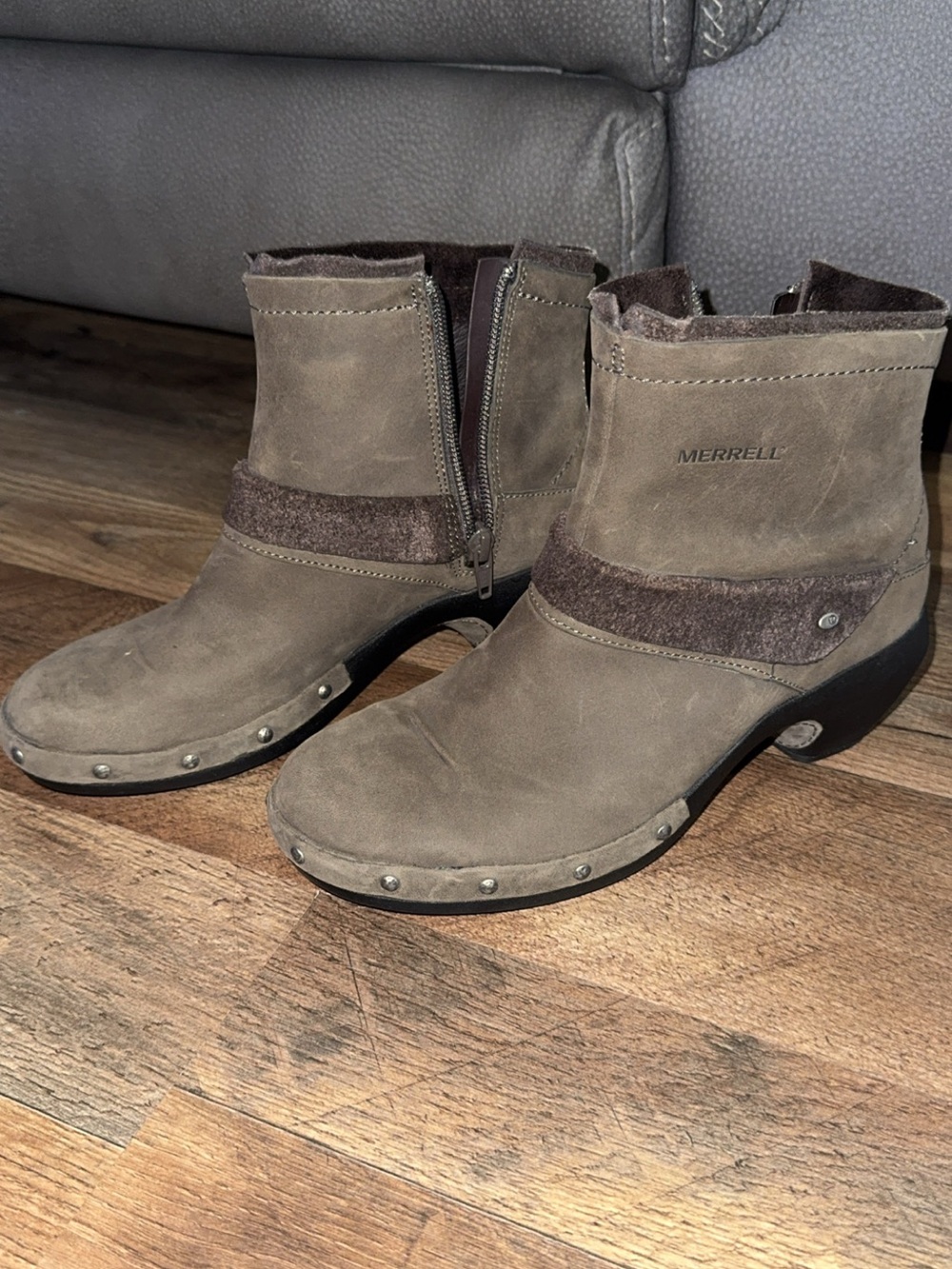 Merrell Taupe Suede Studded Ankle Booties